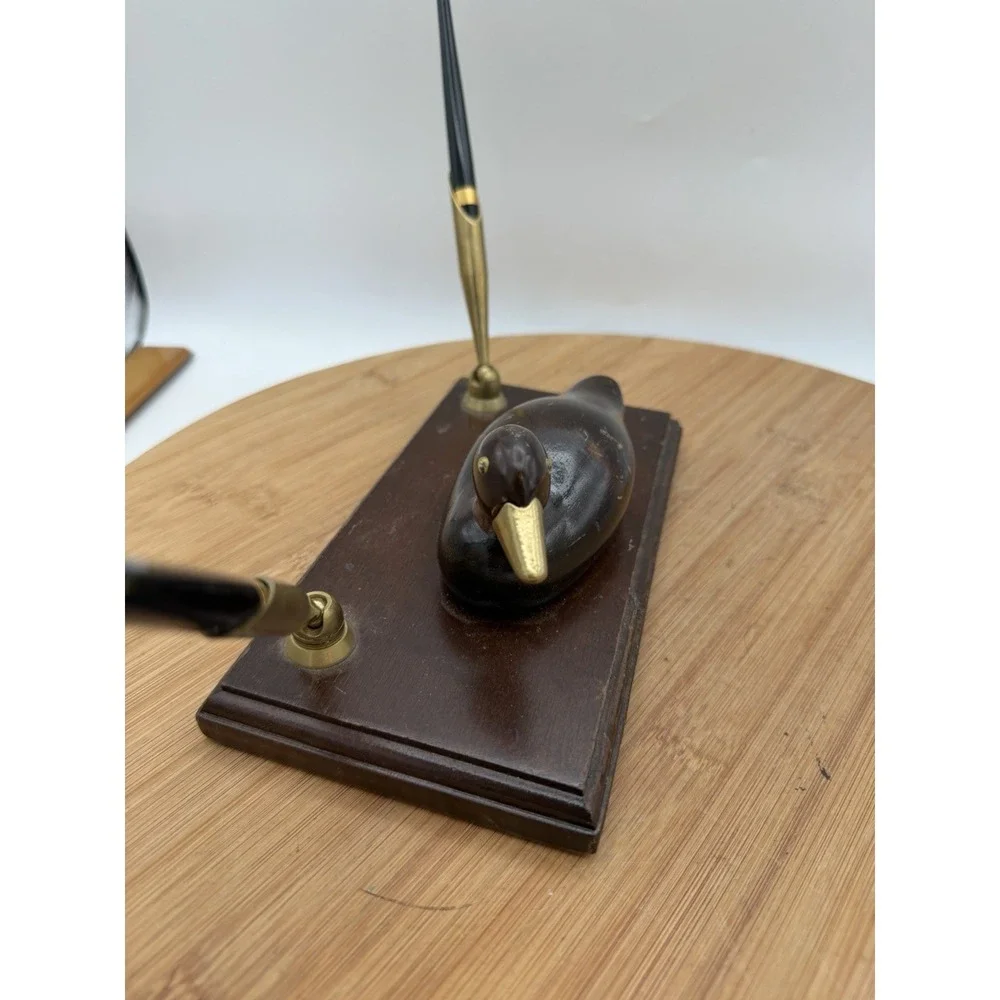 Vintage Pen Holder Desk Set -wooden Duck With Brass‎ Beak And 2 Pens UCGC Taiwan